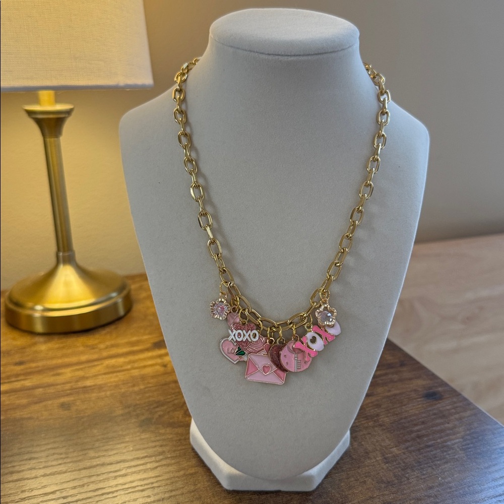 Pink Heart Charm Necklace Gold Chain Coquette Valentine Love Statement